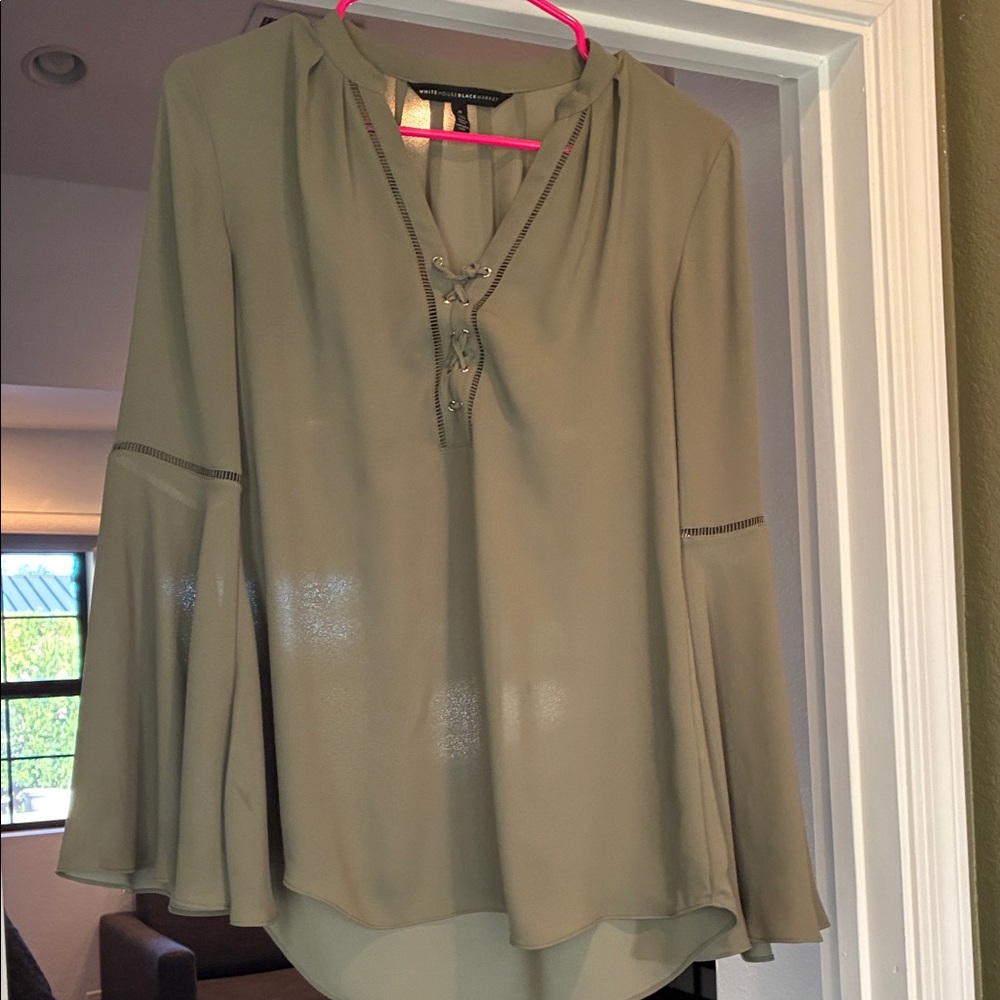 White House Black Market Sage Blouse with Lace-Up Detail - Picture 3 of 6